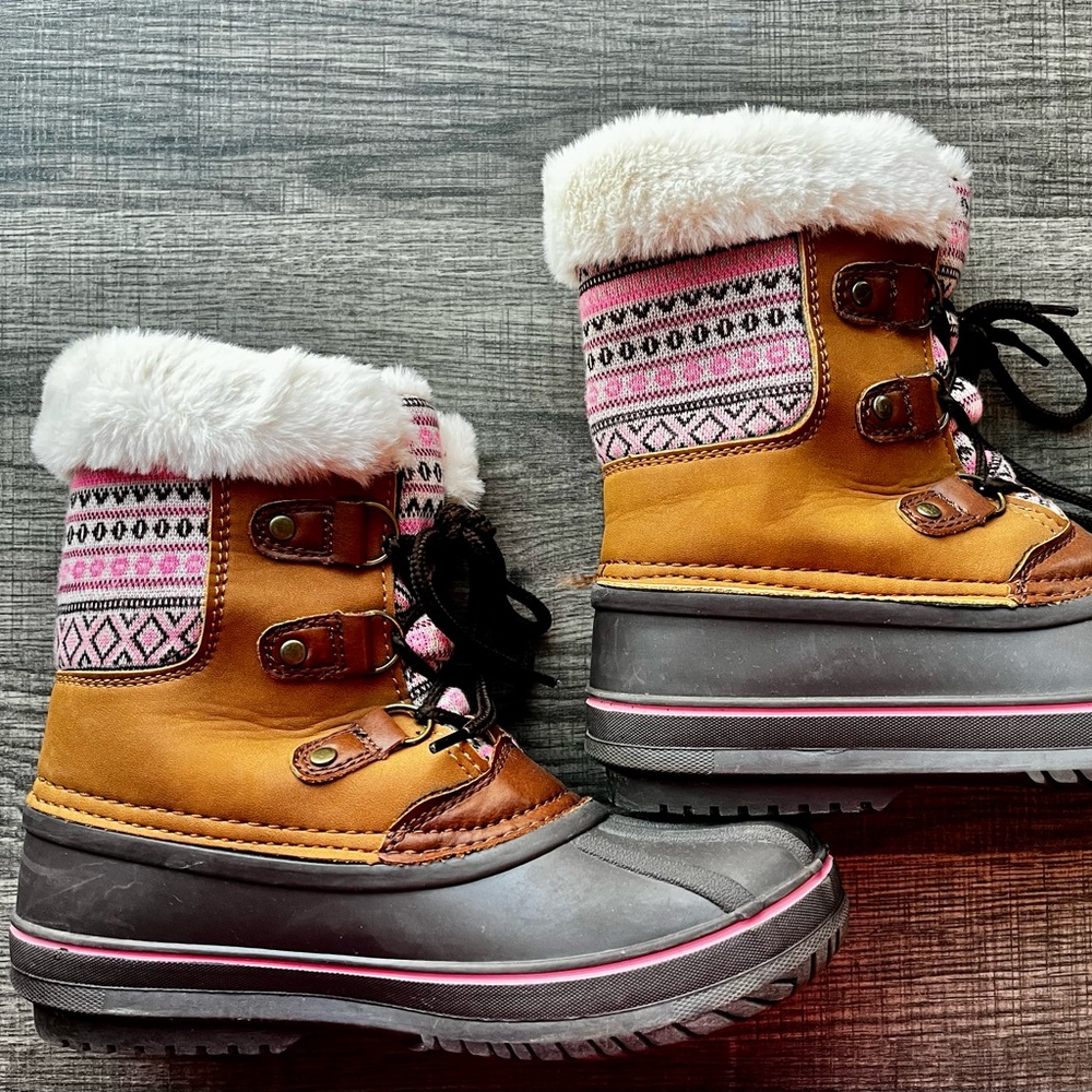 Girls Snow Boots Pink Tan Brown - Size 3 - EUC